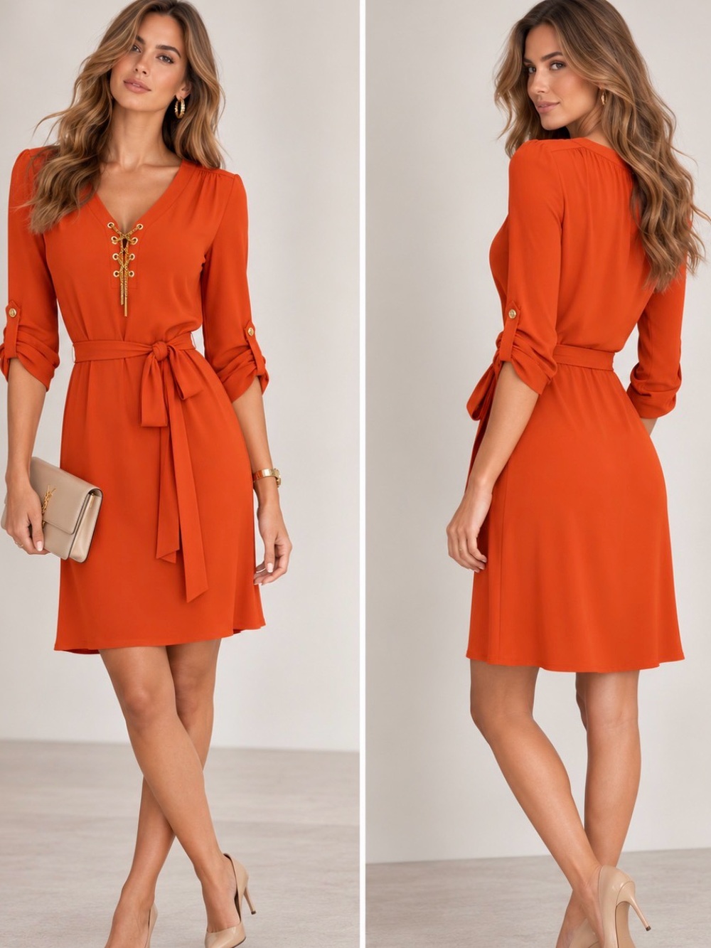 Michael Kors Burnt Orange Lace-Up Tie-Waist Mini Dress Size M Women